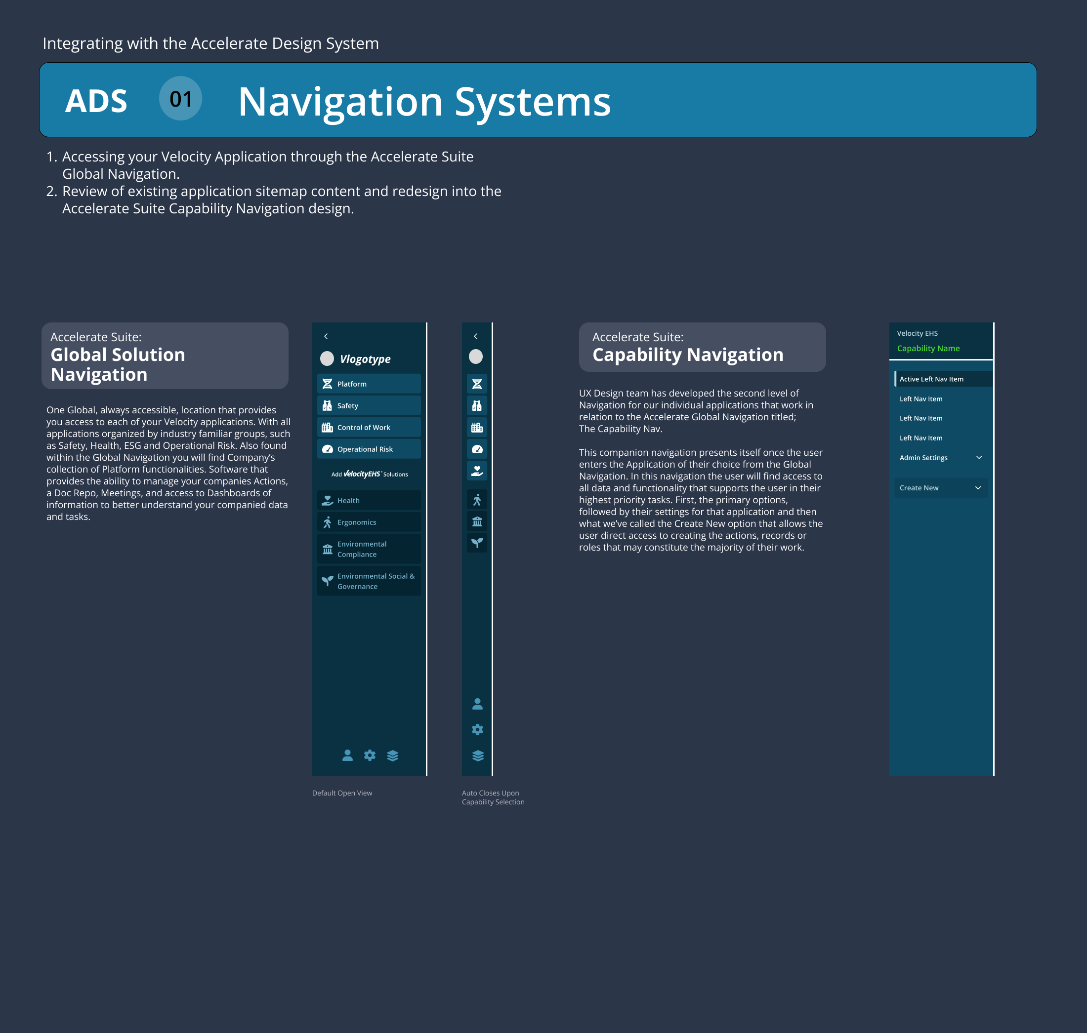 Before and after of VelocityEHS application navigation, showing the shift to Accelerate's Global Solution Navigation and Capability Navigation structure.