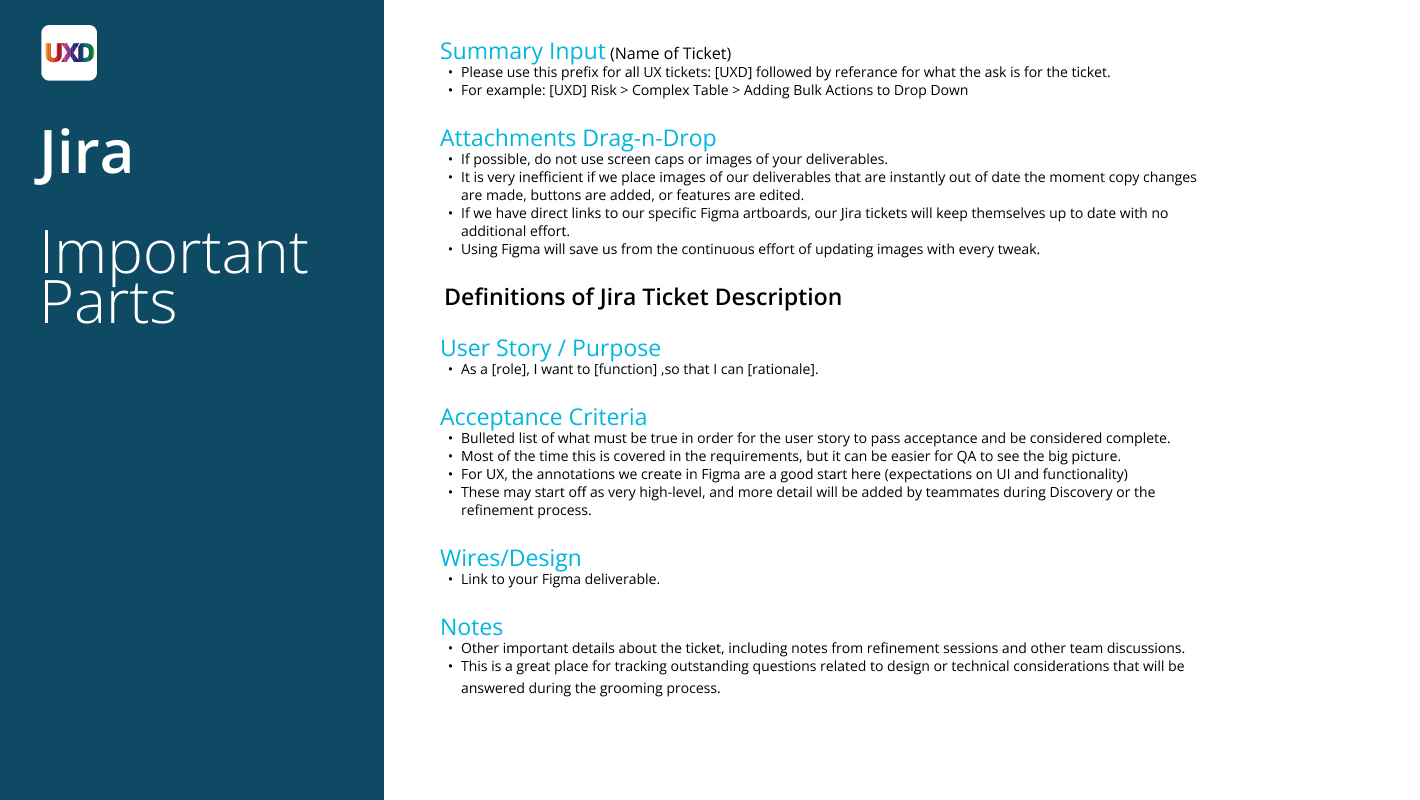 Reference slide titled "Jira / Status Summary" showing a workflow diagram mapping ticket statuses like To Do, In Progress, and Done to the sprint and regression boards