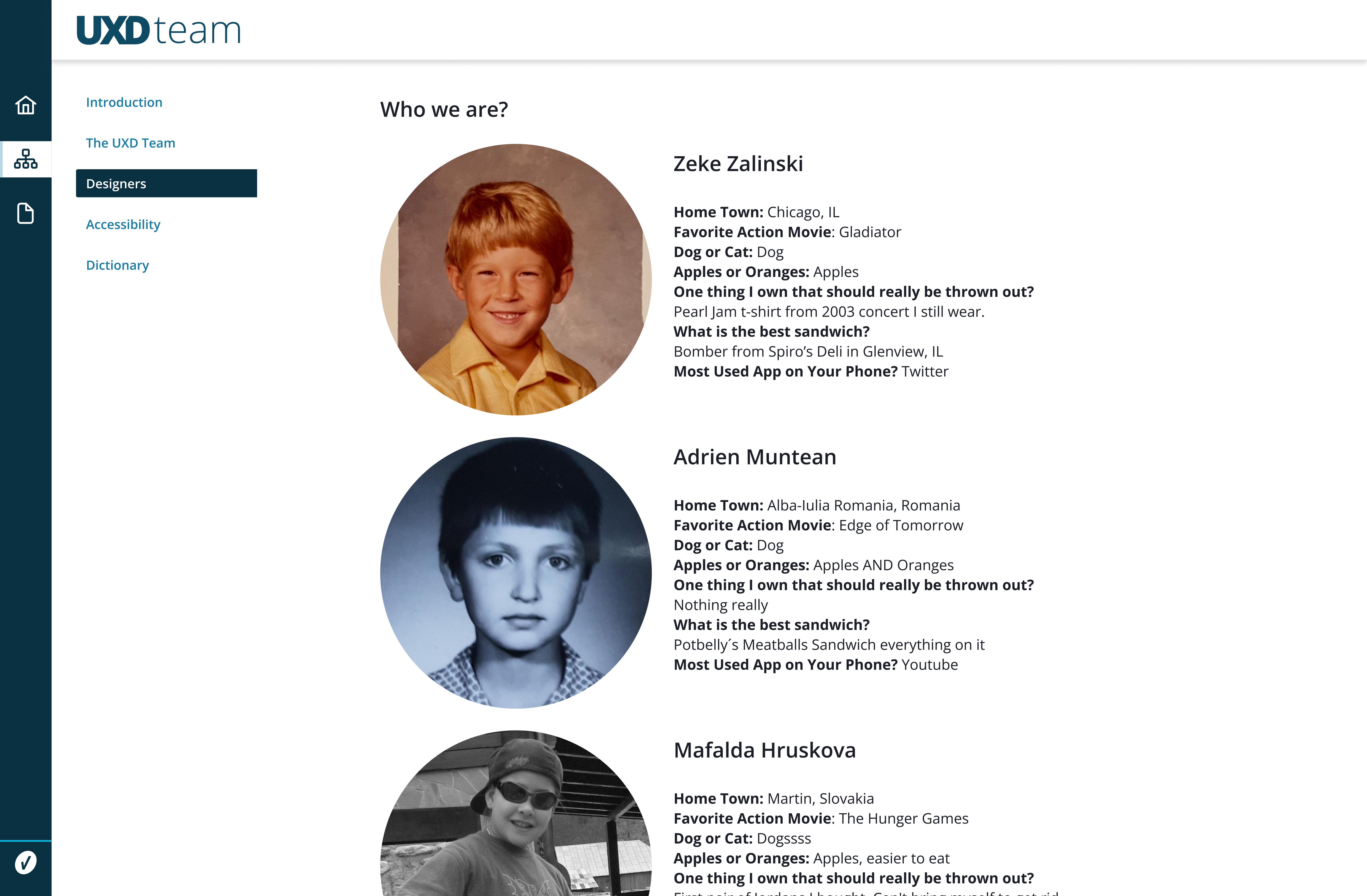 Who we are — team introductions with personal details for each designer