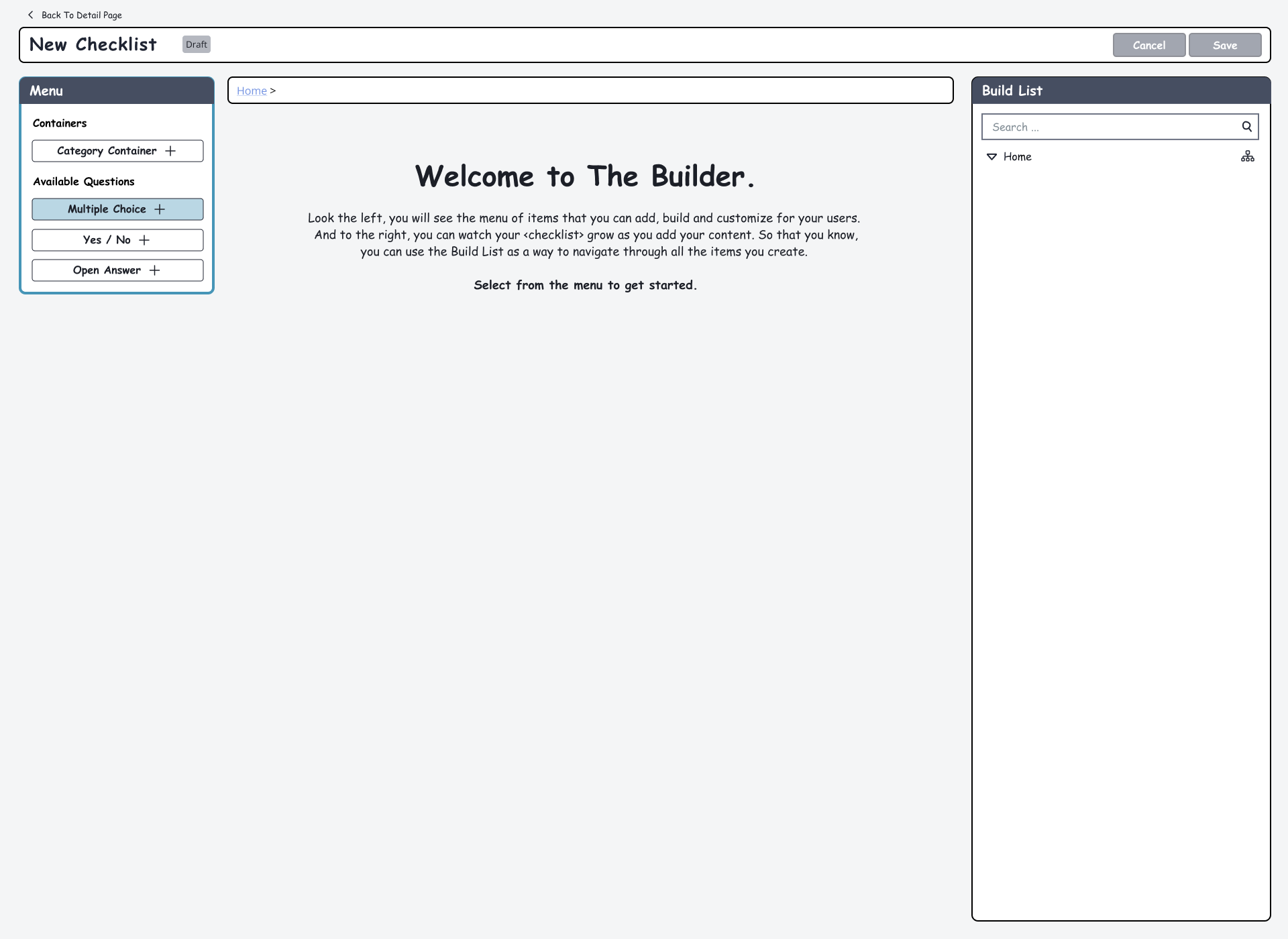Checklist Builder — Welcome Screen