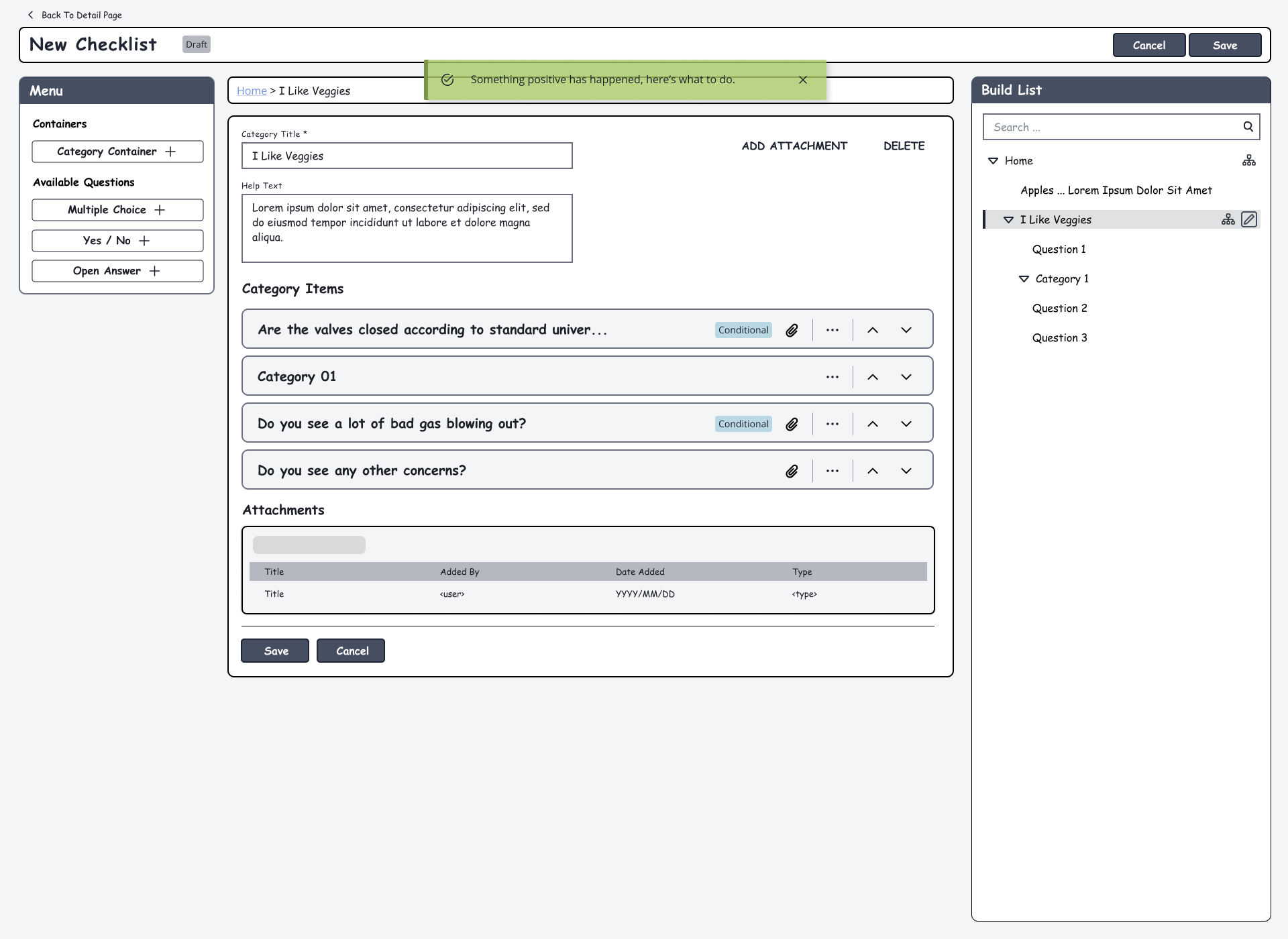 Checklist Builder — Category View With Conditional Questions